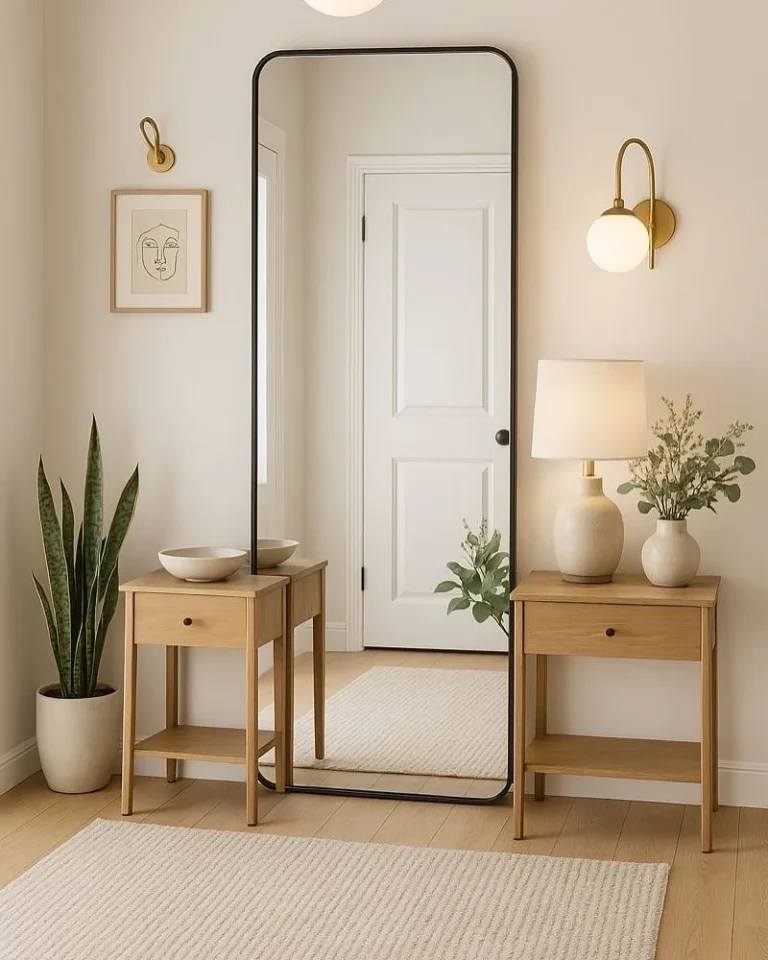 Woven tapestry with neutral tones hanging on a living room wall