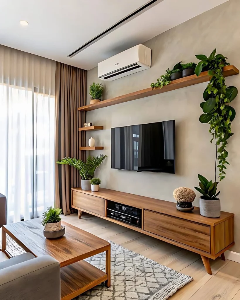 Feminine TV wall with soft floral patterns and pastel panels in a romantic living room.
