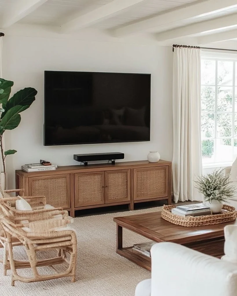 Industrial TV wall decor with exposed brick and sleek shelving for an urban aesthetic.