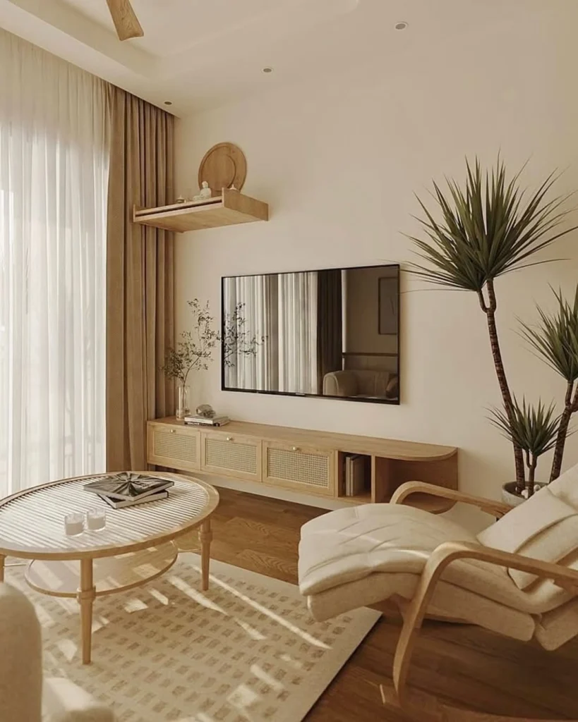 Monochromatic TV wall design with gray tones and textured shelves for a sleek look.