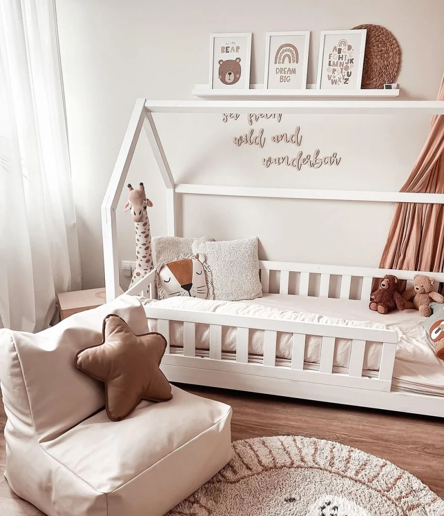 Galaxy-themed kids room with navy walls and starry decals.