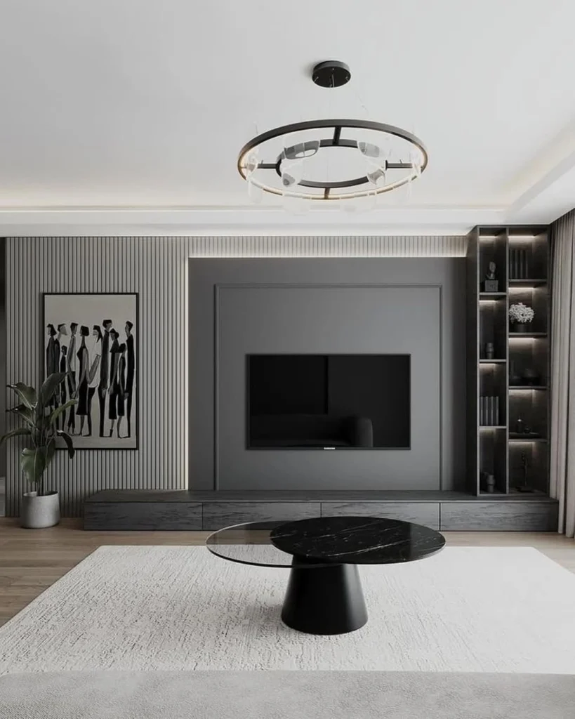 Rustic TV wall design with reclaimed wood and warm lighting for a modern home.