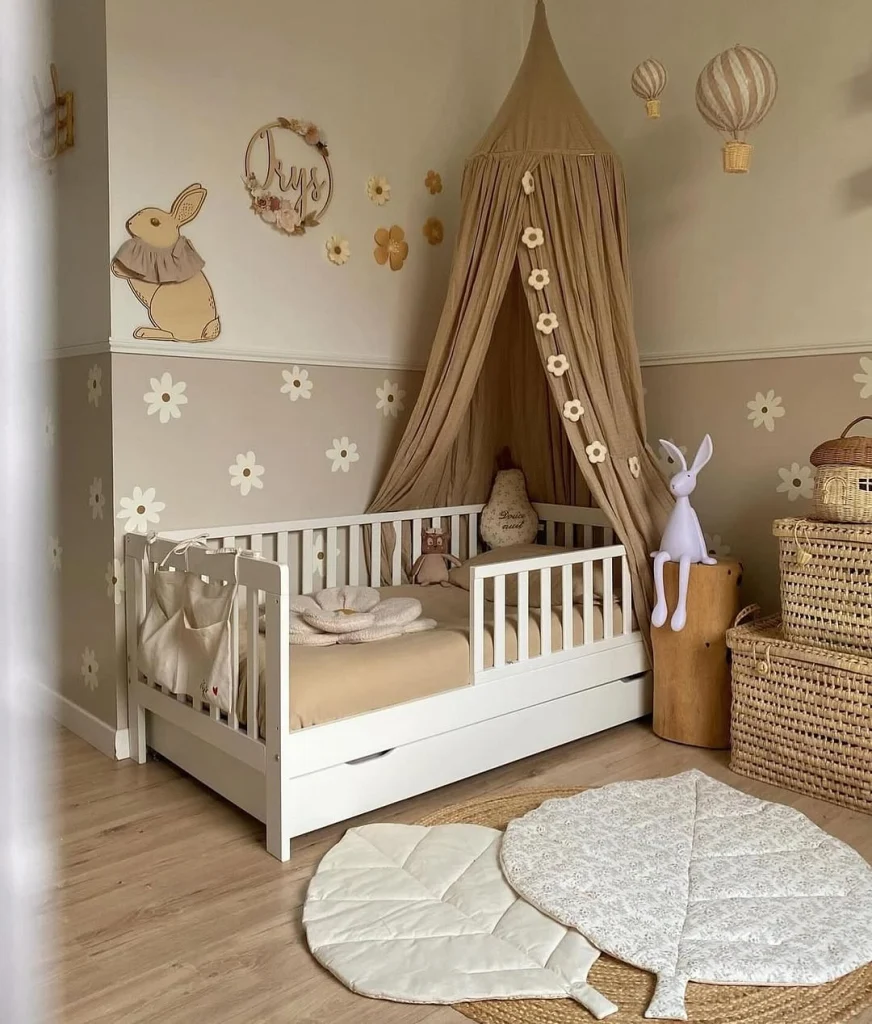 Minimalist kids room with neutral tones and wooden furniture.