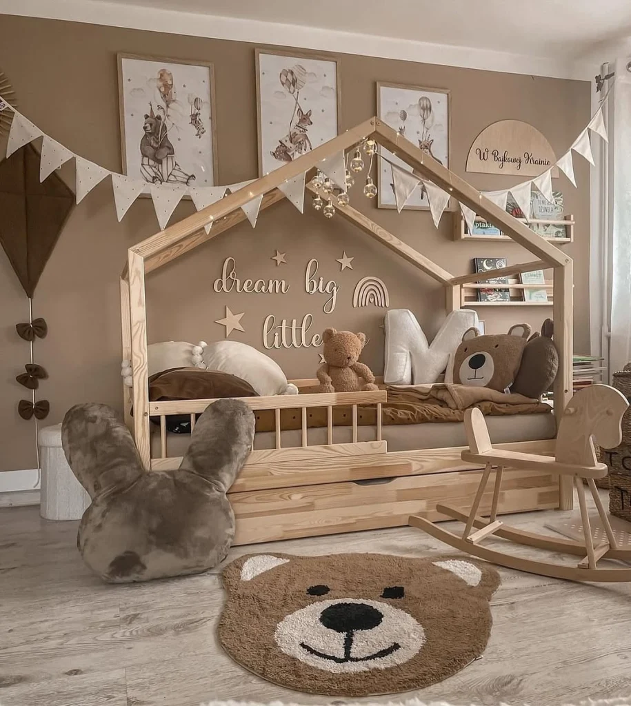 Vintage kids room with floral linens and brass accents.