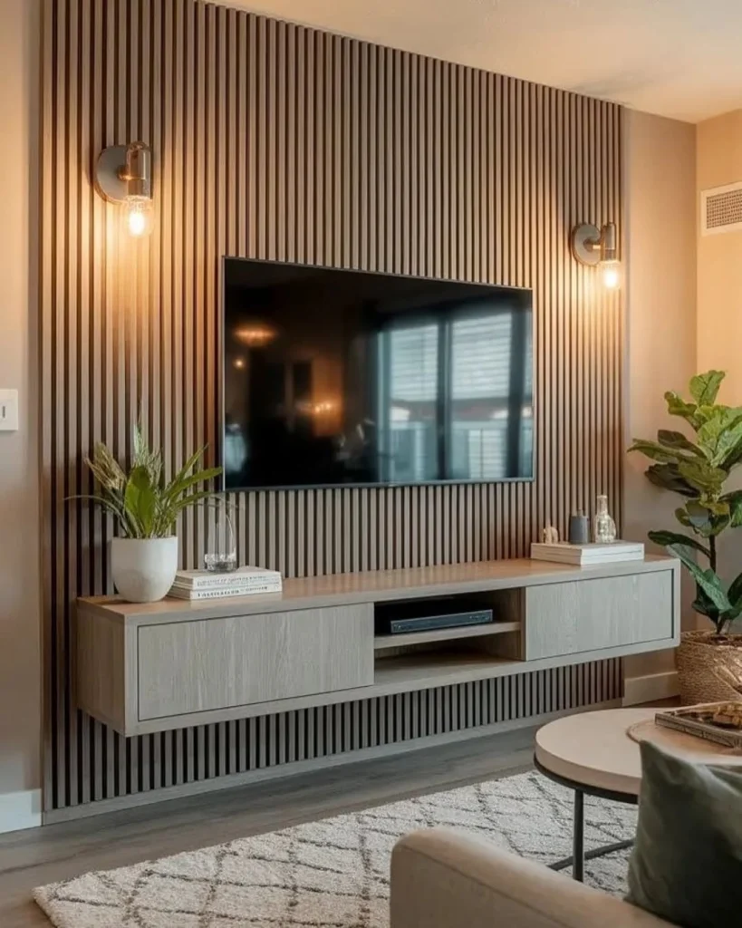 Artistic gallery-style TV wall with eclectic frames and vibrant decor in a chic home.