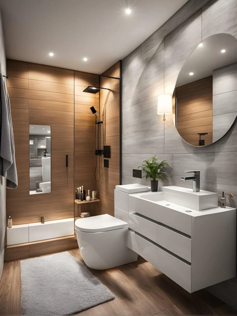 Urban industrial small bathroom with black fixtures and concrete tiles for modern luxury.
