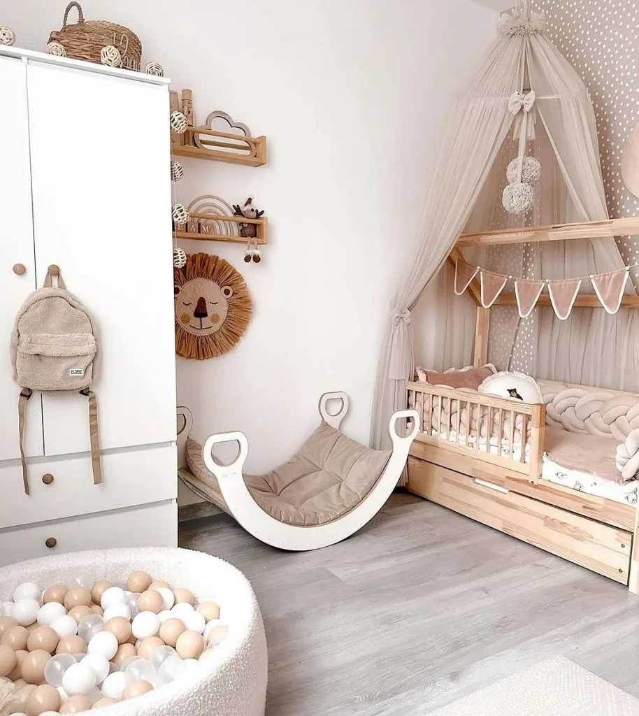 Retro pop culture kids room with orange accents and vintage posters.