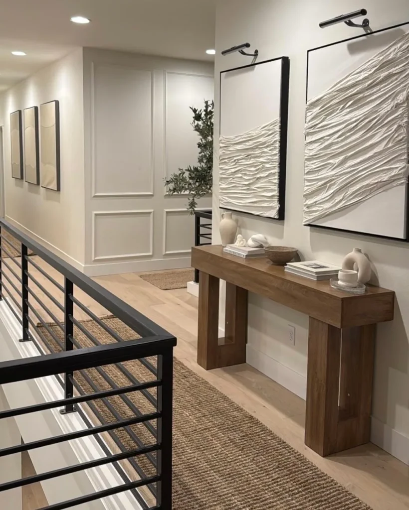 Textured wooden wall panels in a modern living room.