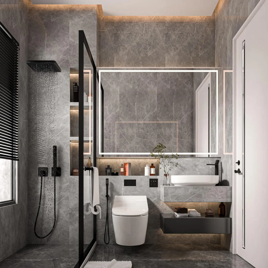 Monochrome small bathroom with gray tones and glossy tiles for modern luxury design.