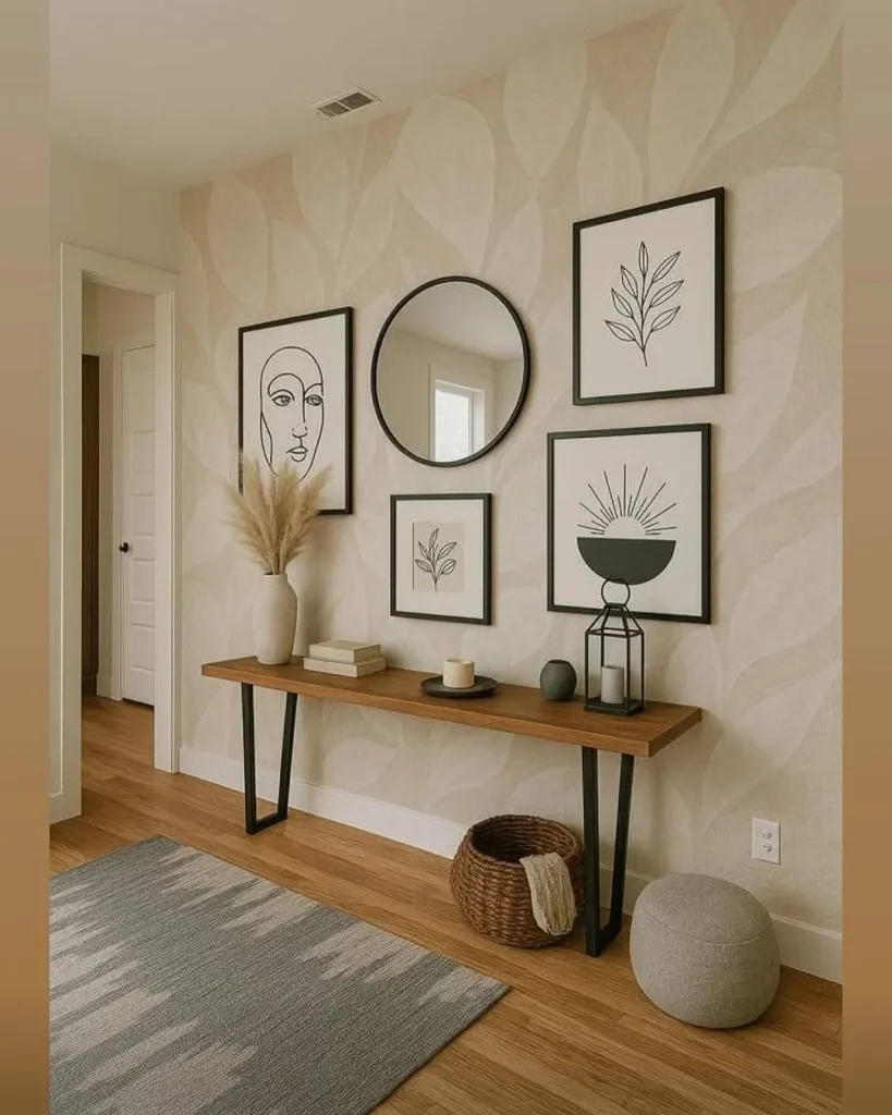 Ornate vintage mirror reflecting light in a stylish living room.