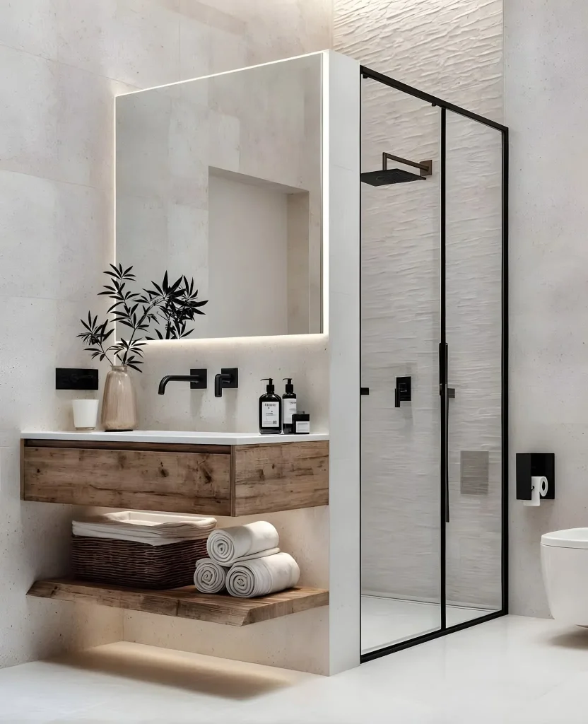 Rustic modern small bathroom with stone sink and matte black faucets for cozy elegance.