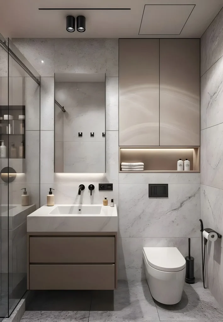 Art deco small bathroom with geometric tiles and gold accents for luxurious style