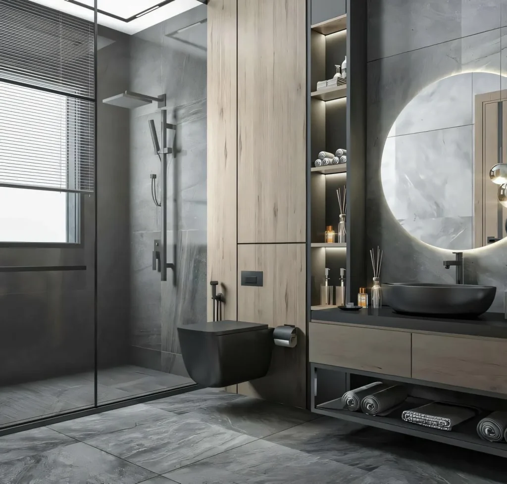 Scandinavian small bathroom with white wood finishes and minimalist fixtures for modern luxury.