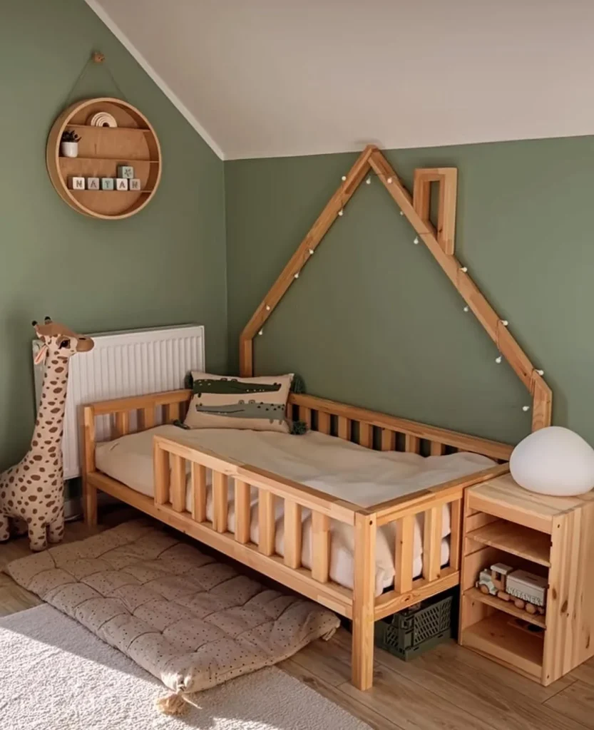 Urban loft-style kids room with brick accents and vibrant colors.